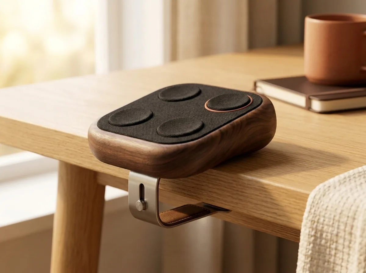 Riff: a slim walnut tap-pad instrument clipped to the edge of a desk.