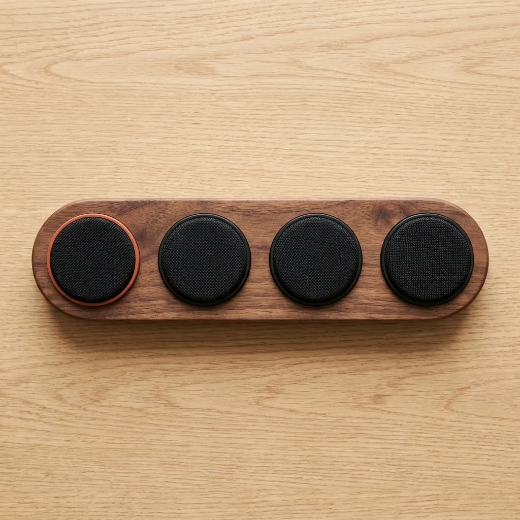 Top-down view of Riff's four pads in the walnut body.